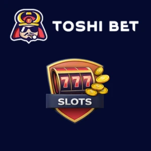Toshi Bet logo above a shield graphic showing a 777 slot reel, gold coins, and the word “SLOTS.”